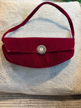 Franchi Vintage Velvet Evening Clutch with Crystal Brooch - Deep Red